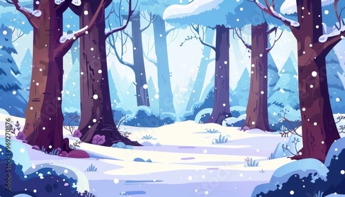 Winter wonderland. Frozen landscape. Serene forest covered in snow. Peaceful winter landscape with snow covered ground. Cartoon 2d games illustration background.