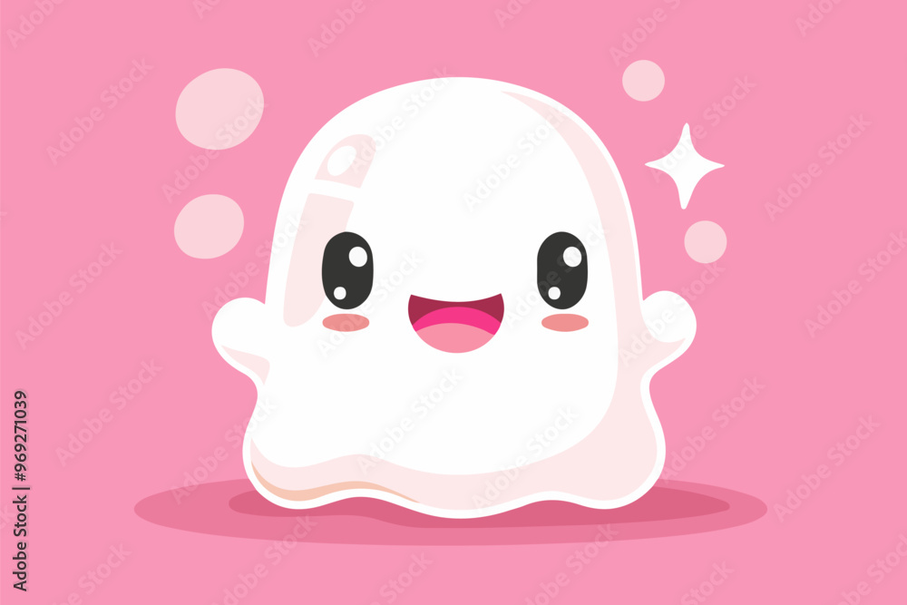 Joyful ghost with a wide smile, floating lightly on a pink background Joyful ghost with a wide smile, floating lightly on a pink background
