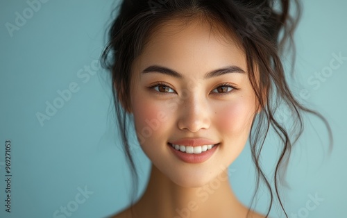 Tranquil Asian Woman with Soft Sunlight on Face Against Light Blue Backdrop