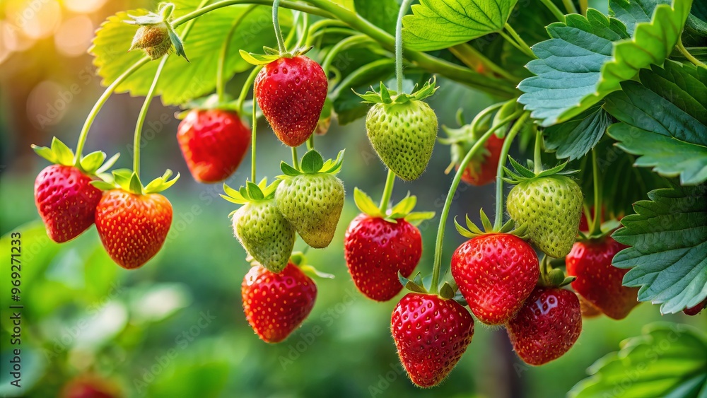 Green leaves rustle in the breeze as vibrant red strawberries ripen on a lush, succulent branch, bursting with Green leaves rustle in the breeze as vibrant red strawberries ripen on a lush, succulent branch, bursting with