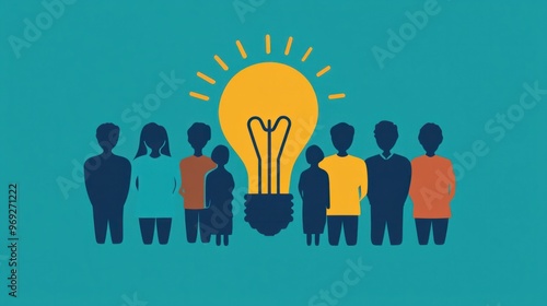 A group of people icons standing around a lightbulb, symbolizing teamwork, collaboration, and creative problem-solving.