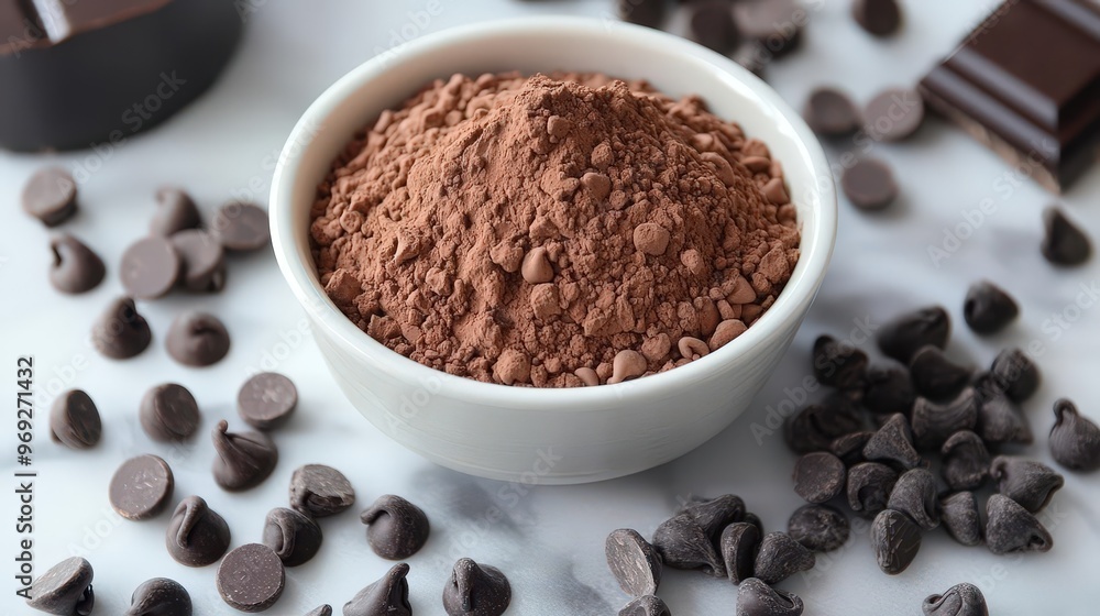 Delicious cocoa powder surrounded by chocolate chips, perfect for baking and desserts. Ideal for chocolate lovers and recipes. Delicious cocoa powder surrounded by chocolate chips, perfect for baking and desserts. Ideal for chocolate lovers and recipes.