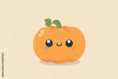 Laughing pumpkin with a bright orange hue and a small green leaf accent