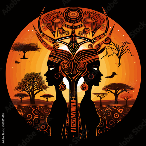 Silhouettes of two women with intricate hairstyles against an orange sunset with trees