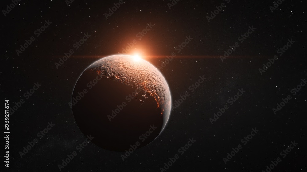 A distant planet illuminated by a sunrise in a cosmic setting. A distant planet illuminated by a sunrise in a cosmic setting.