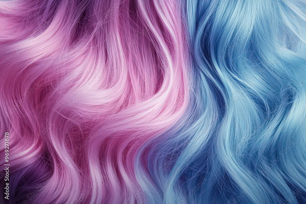 Fototapeta premium Close-up of soft pastel ombre hair blending pink, lavender, and blue, hair color, soft gradient