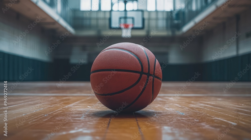 Close-up of a basketball resting on a wooden floor court, capturing the essence of sports training and competition in a gymnasium setting. Close-up of a basketball resting on a wooden floor court, capturing the essence of sports training and competition in a gymnasium setting.