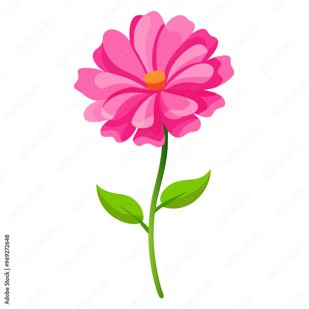a simple illustration of a pink flower with multiple petals. The flower has a yellow center and is attached to a green stem with two green leaves. The design is stylized and cartoon-like a simple illustration of a pink flower with multiple petals. The flower has a yellow center and is attached to a green stem with two green leaves. The design is stylized and cartoon-like