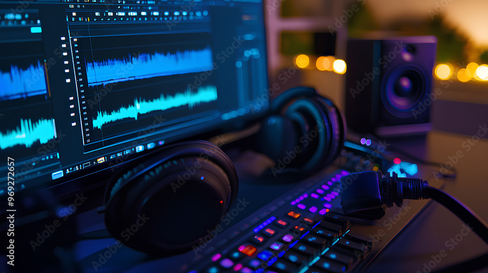 Close-up of audio-video editing software screen with waveforms and timelines, professional setup in moody lighting
Close-up of audio-video editing software screen with waveforms and timelines, professional setup in moody lighting