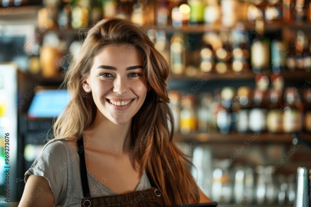 A woman stands with a smile in front of a bar, possibly enjoying an evening out or socializing with friends A woman stands with a smile in front of a bar, possibly enjoying an evening out or socializing with friends