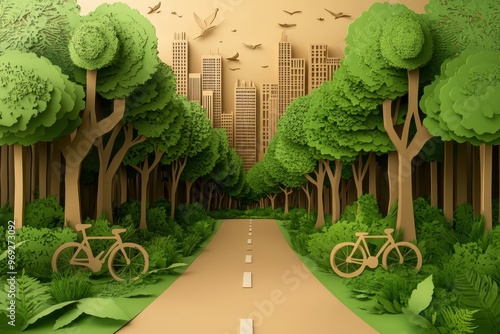 Paper Cut Style of Eco-Friendly Bicycle Lane Lined with Trees in Urban Cityscape, Symbolizing Climate Action and Green Transportation