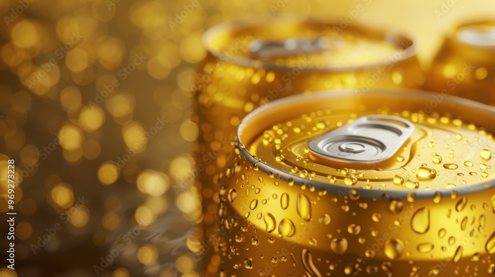 High quality realistic illustration of golden drink cans with refreshing drops of condensation, perfect for beer or soda