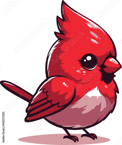 A cute Northern Cardinal bird standing with vibrant red feathers with white background