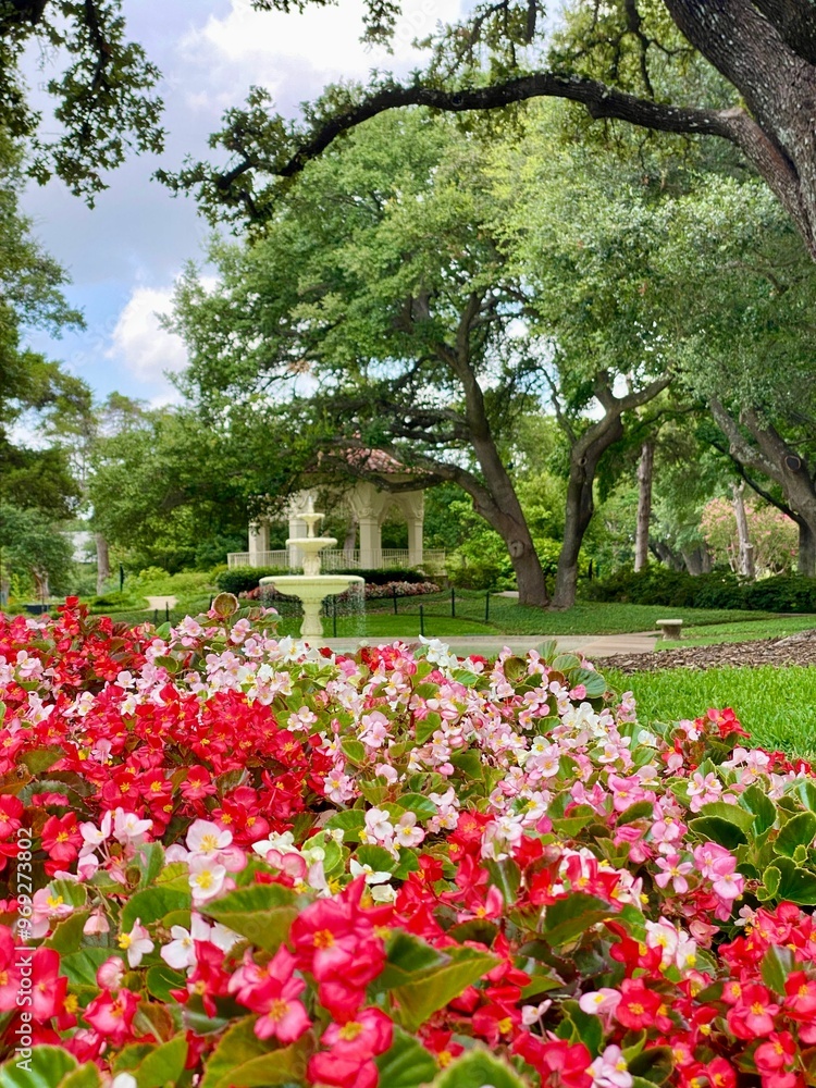 Beautiful garden with vibrant flowers in the foreground and a fountain under large trees Beautiful garden with vibrant flowers in the foreground and a fountain under large trees