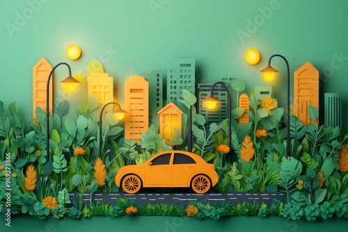 Eco-Friendly Electric Car in Paper Cut Style on Solar Streetlit Road - Concept of Sustainable Technology for Green Future photo