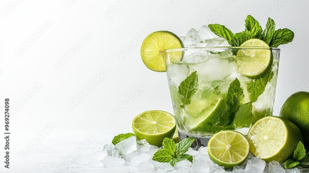 Refreshing mojito cocktail with mint leaves and lime wedges, served over ice in a clear glass, perfect for summer gatherings. Refreshing mojito cocktail with mint leaves and lime wedges, served over ice in a clear glass, perfect for summer gatherings.