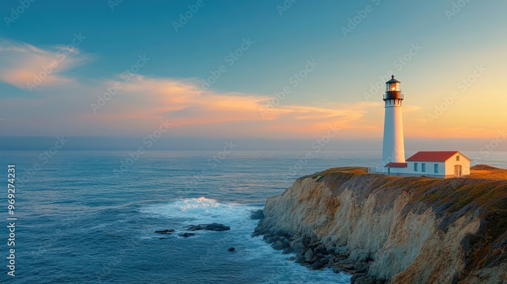 Majestic lighthouse on a rocky cliff during sunset, waves crashing below, perfect coastal holiday Majestic lighthouse on a rocky cliff during sunset, waves crashing below, perfect coastal holiday