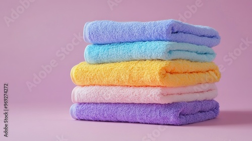 A stack of colorful towels on a pastel background, ideal for home decor or bath settings.