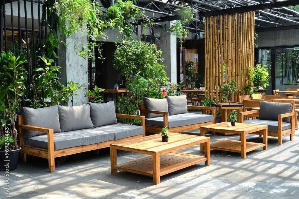 A generative AI-created outdoor seating area includes sleek lounge chairs and a coffee table A generative AI-created outdoor seating area includes sleek lounge chairs and a coffee table