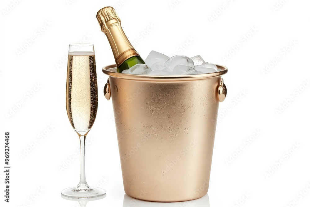 Elegant champagne bucket with ice and a sparkling glass, perfect for celebrations and special occasions. Elegant champagne bucket with ice and a sparkling glass, perfect for celebrations and special occasions.