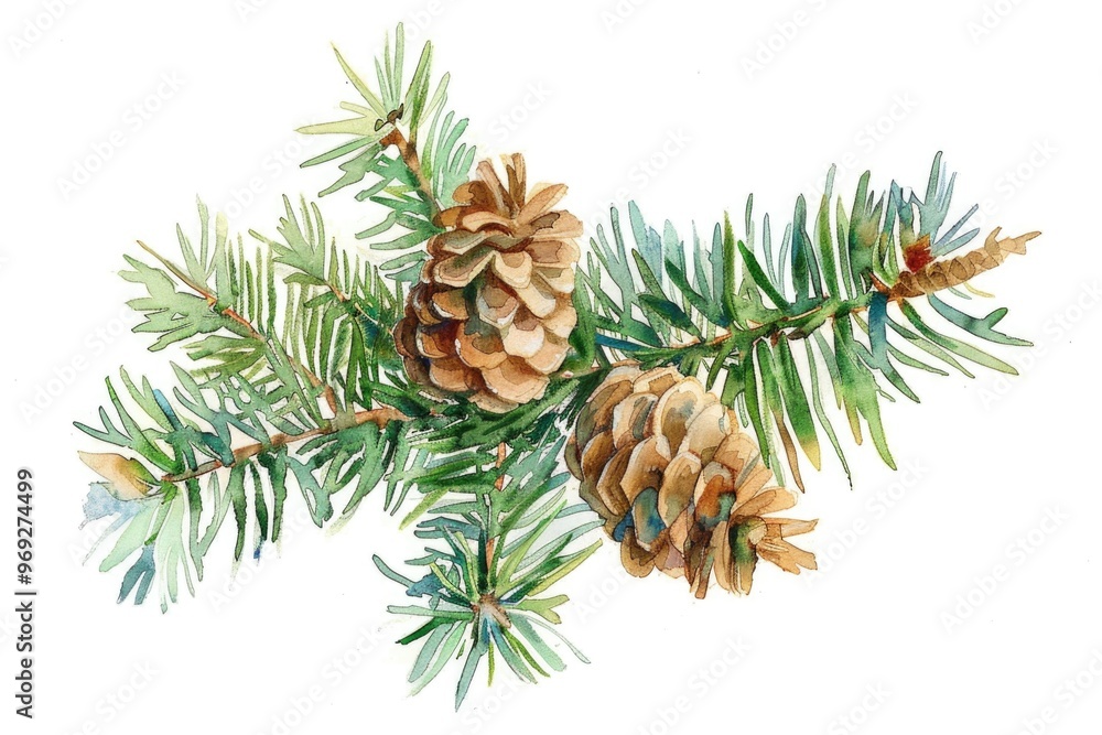 A beautiful watercolor illustration of a pine tree branch adorned with cones, perfect for use in nature-themed designs and projects A beautiful watercolor illustration of a pine tree branch adorned with cones, perfect for use in nature-themed designs and projects