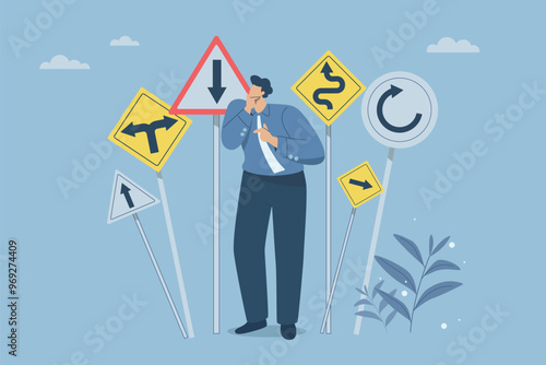 Businessman standing thinking and looking at crossroads sign, Difficult decision, Choosing the right direction, Finding the right business direction, Confusion or decision about business direction. photo