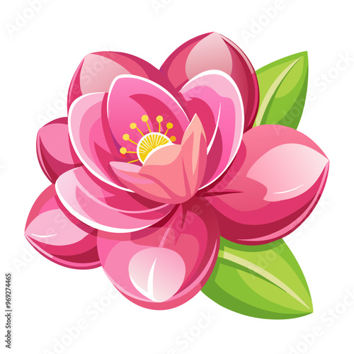 Illustration of a vibrant pink lotus flower with green leaves