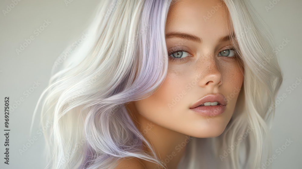Naklejka premium Platinum blonde hair with pale lavender highlights reflecting soft studio light, hair color trends, elegant and trendy