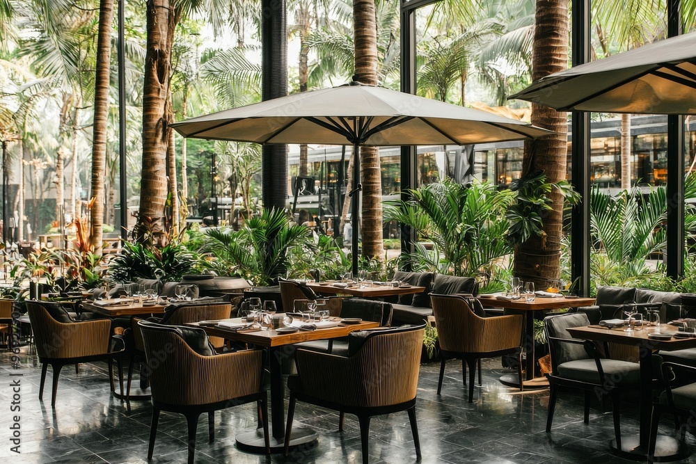 Fototapeta premium The outdoor lounge and restaurant offer views of the pool and garden