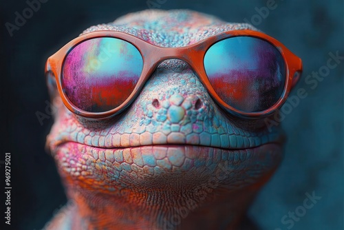 surreal hybrid creature halfhuman halflizard sporting avantgarde sunglasses blending reptilian textures with human features in a pop art style photo