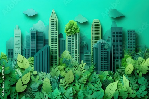 Green Cityscape: Eco-Friendly Skyscrapers with Paper Cut Style, Rooftop Gardens, and Green Walls Promoting Climate Action
