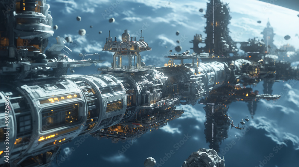 Fototapeta premium Futuristic space station with intricate architecture floating in outer space.