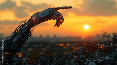 A robotic hand reaches toward the sunset in a junkyard, symbolizing technology and nature's conflict.