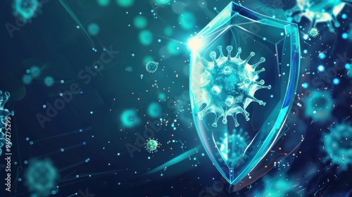 Illustration of a protective shield protecting against viruses and bacteria in a microscopic environment
