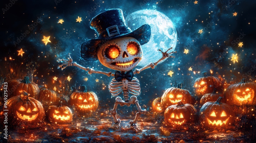 A cheerful skeleton wearing a top hat and bow tie dancing under a full moon A cheerful skeleton wearing a top hat and bow tie dancing under a full moon