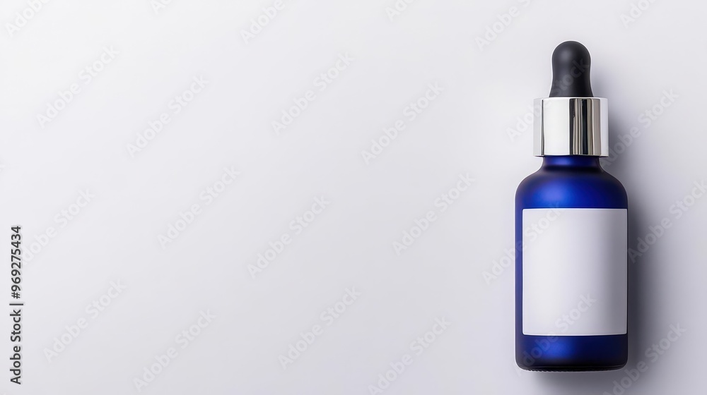 Blue glass dropper bottle with a blank label, ideal for cosmetic or essential oil packaging design. Blue glass dropper bottle with a blank label, ideal for cosmetic or essential oil packaging design.
