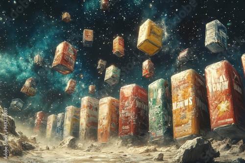 surreal illustration of countless consumer products floating in space overwhelming abundance consumerism critique photo