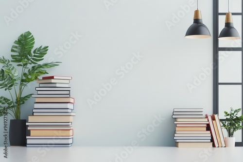 Wallpaper Mural A serene workspace featuring stacked books, green plants, and stylish lamps against a minimalist wall, perfect for inspiration. Torontodigital.ca