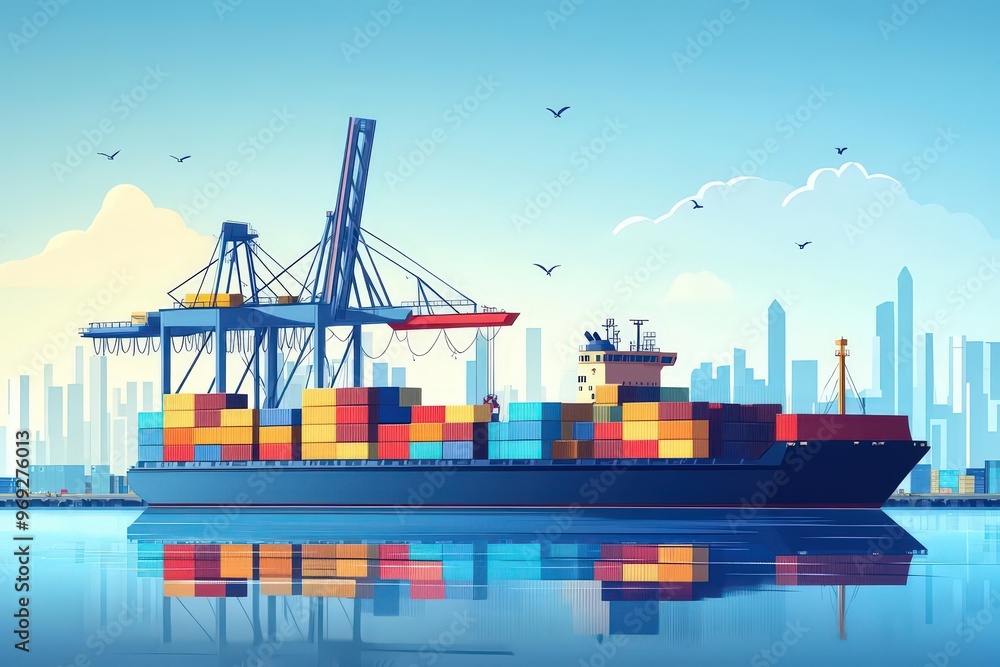 Fototapeta premium Shipping port with cranes, container loading process, flat design illustration