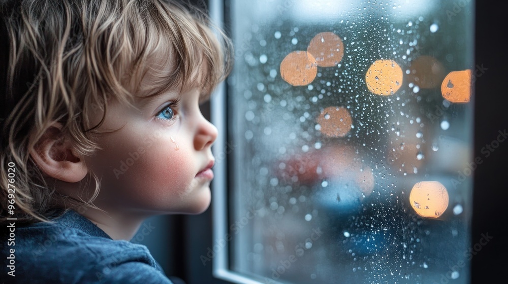 A child gazes thoughtfully out a rain-speckled window, lost in contemplation. A child gazes thoughtfully out a rain-speckled window, lost in contemplation.