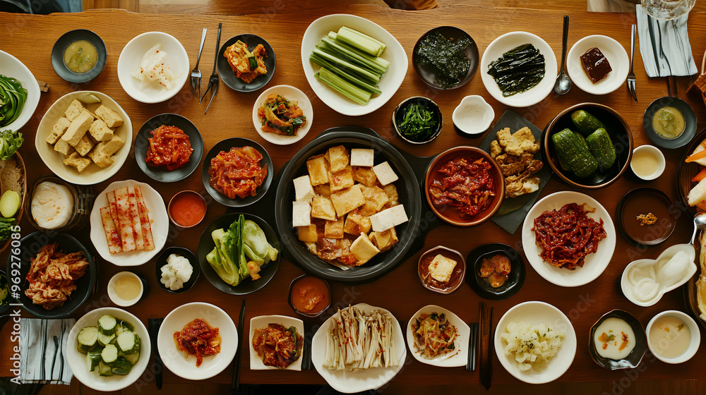 A traditional Korean dining table spread with various small dishes of banchan, including kimchi, pickled vegetables, seaweed, and tofu, perfectly arranged in a harmonious display A traditional Korean dining table spread with various small dishes of banchan, including kimchi, pickled vegetables, seaweed, and tofu, perfectly arranged in a harmonious display