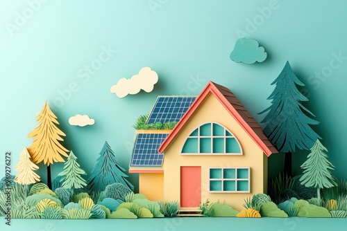 Sustainable Living Concept - Paper Cut House with Rooftop Garden and Solar Panels Surrounded by Trees for Eco-conscious Lifestyle and Climate Action