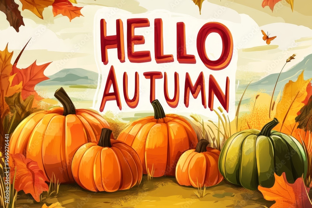 'hello autumn' adorning a scenic pumpkin patch during the golden hour, with vibrant orange and green pumpkins scattered around illustration 'hello autumn' adorning a scenic pumpkin patch during the golden hour, with vibrant orange and green pumpkins scattered around illustration