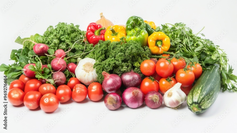 A colorful arrangement of fresh vegetables on a white surface A colorful arrangement of fresh vegetables on a white surface