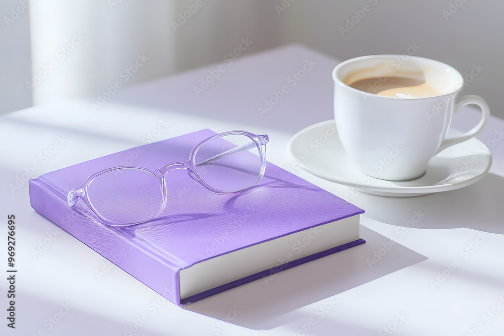 A purple mock up book with transparent glasses and a white cup of coffee on white table. Free copy space for text A purple mock up book with transparent glasses and a white cup of coffee on white table. Free copy space for text