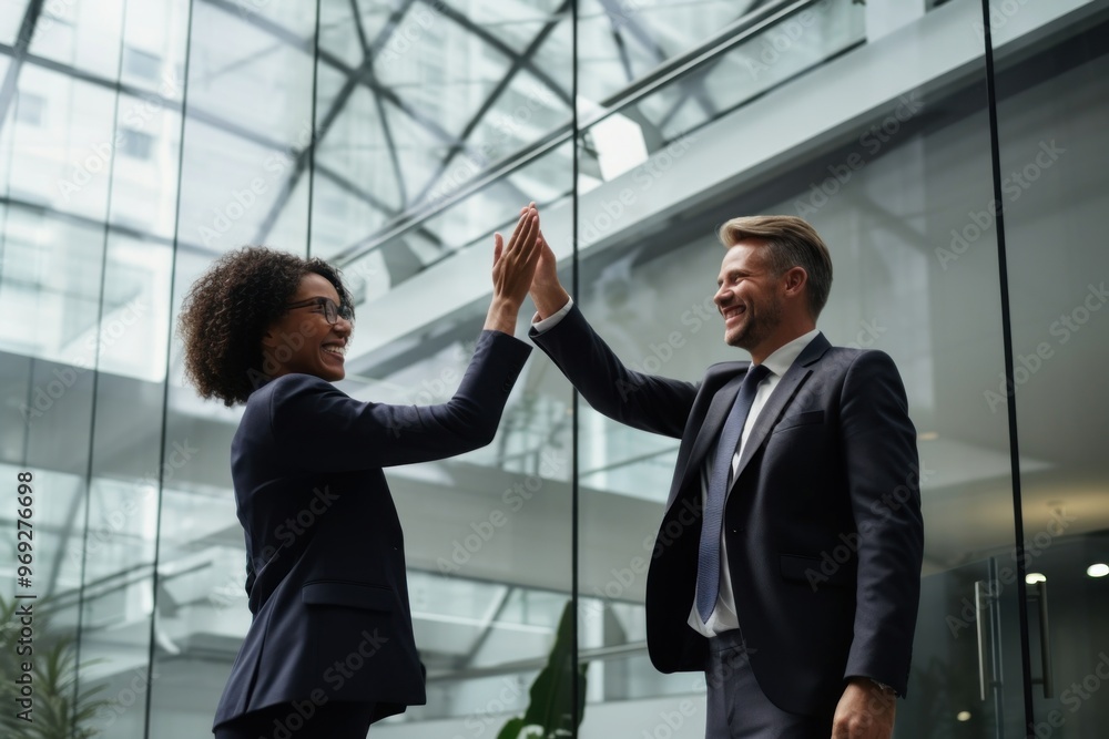 Professionals giving high five standing office adult. Professionals giving high five standing office adult.