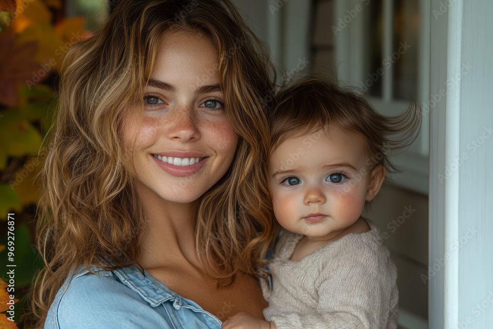 A woman with a radiant smile and golden-brown curls, wearing a light denim shirt, A woman with a radiant smile and golden-brown curls, wearing a light denim shirt,