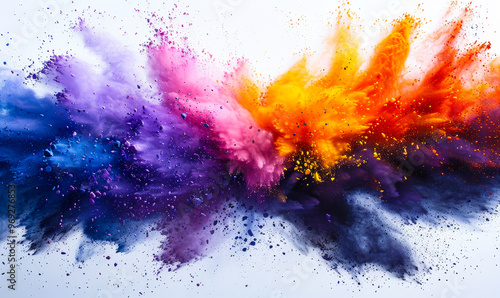 Wallpaper Mural Vibrant Explosion of Yellow, Purple, Orange, and Blue Holi Powder on White Background - Dynamic Color Burst Concept Celebrating Indian Festival of Colors Torontodigital.ca