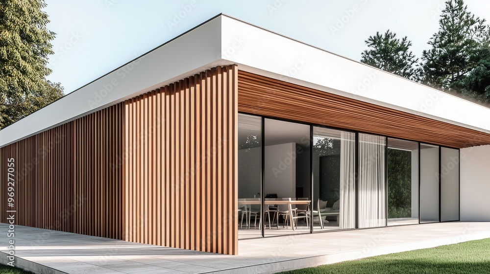 Three-dimensional rendering of modern home with wooden door and white signage. Three-dimensional rendering of modern home with wooden door and white signage.