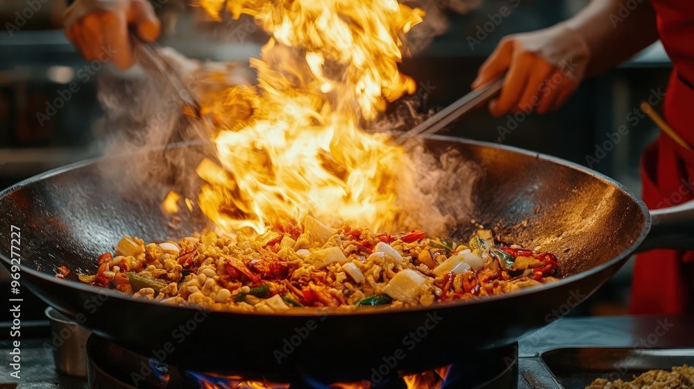 Vibrant kitchen scene featuring food sizzling in a wok with flames, showcasing the art of cooking and culinary techniques. Vibrant kitchen scene featuring food sizzling in a wok with flames, showcasing the art of cooking and culinary techniques.